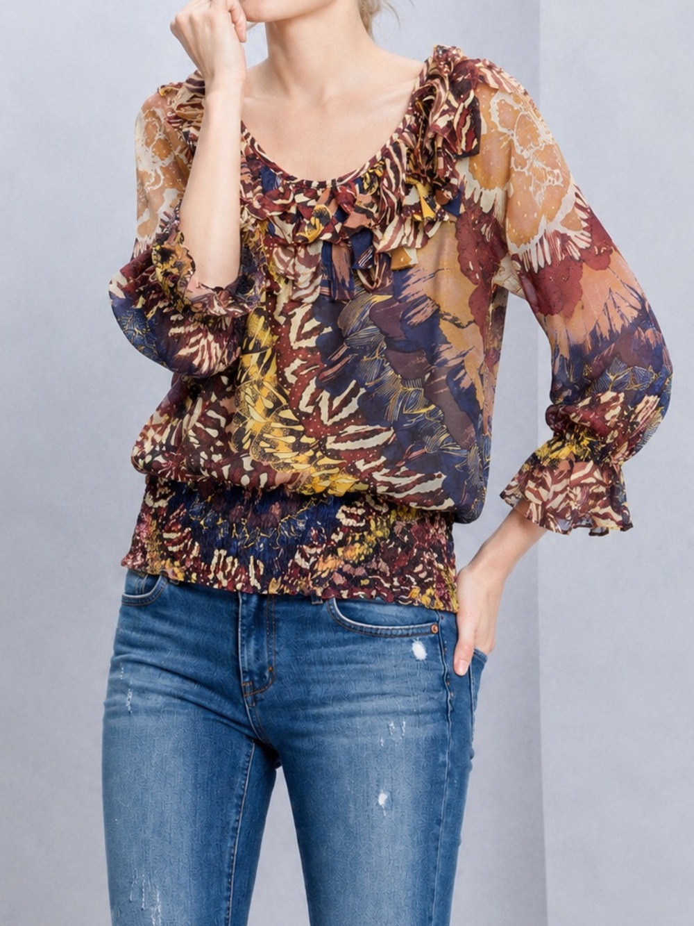 Women’s Ruffled Neck Printed Blouse - Multicolor (0892)